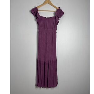 Boho Cottagecore Lucky Brand Womens Sm Maxi Dress Purple Ruffle Tiered Crinkle